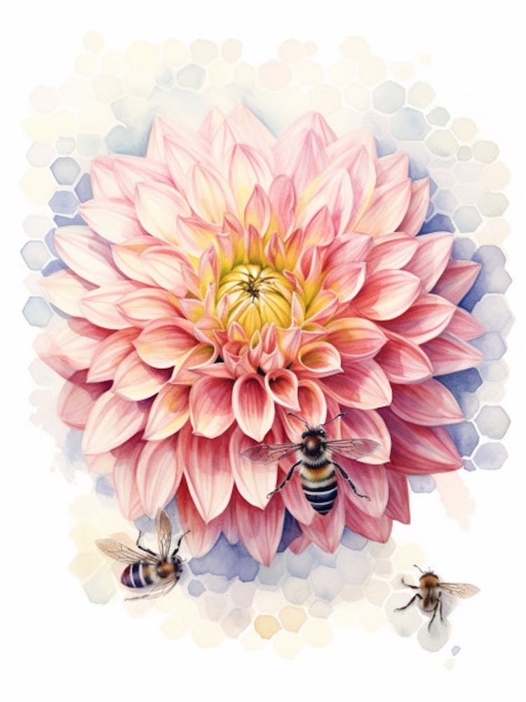 Bienenstock mit Dahlie Aquarell-Illustration 1