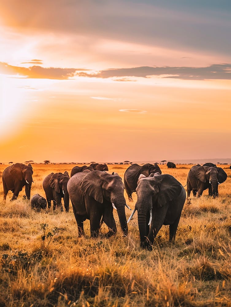 Herd Of Elephants At Sunset