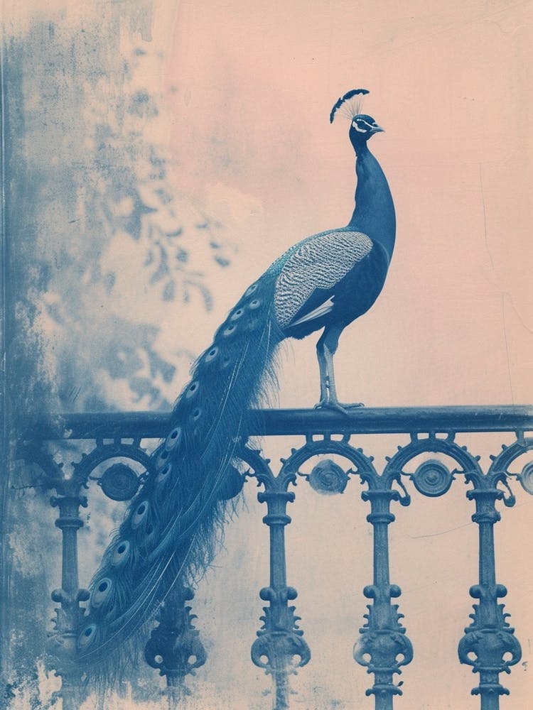 Cyanotype Inspired Peacock Resting On A Handrail 1
