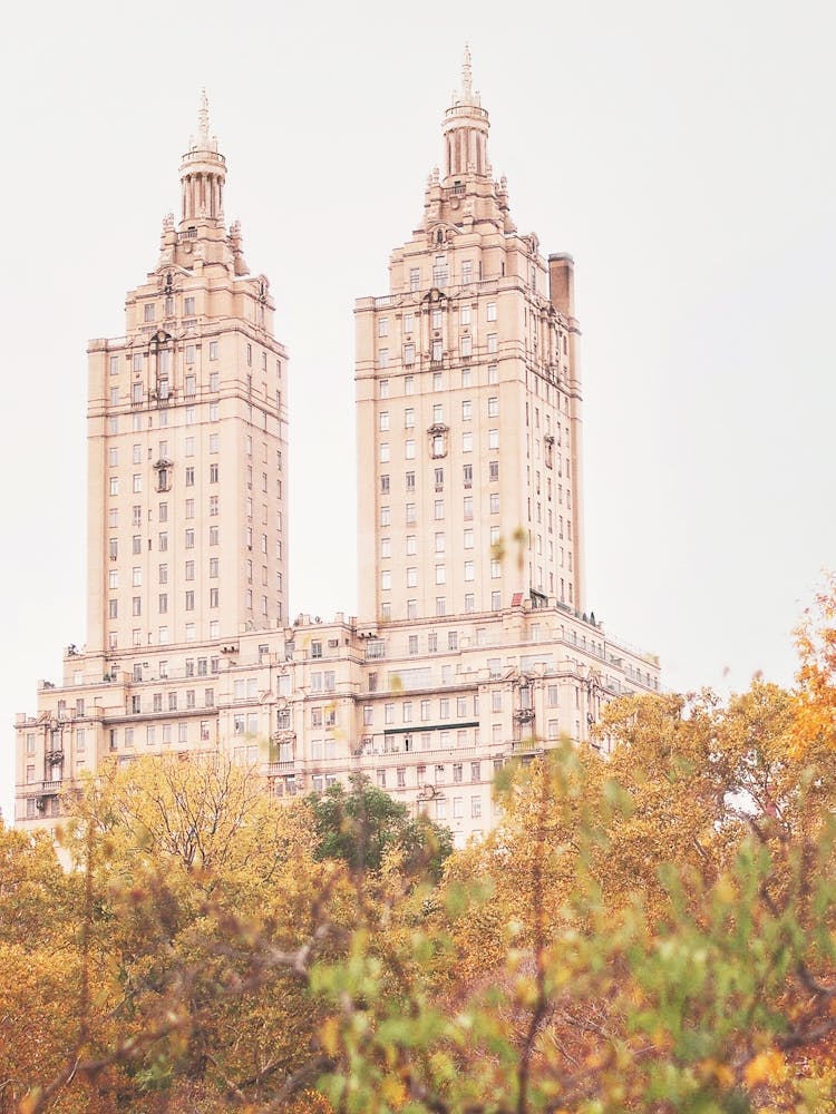New York, USA I San Remo towers in Central Park in an autumnal nature of an urban cityscape photography with an aesthetic style like a romantic movie or TV series set decor, ideal for Christmas decoration