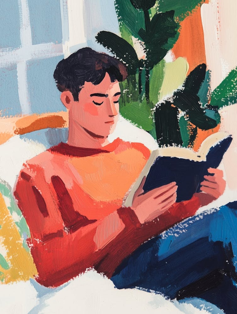 Man Reading a Book Gouache Painting