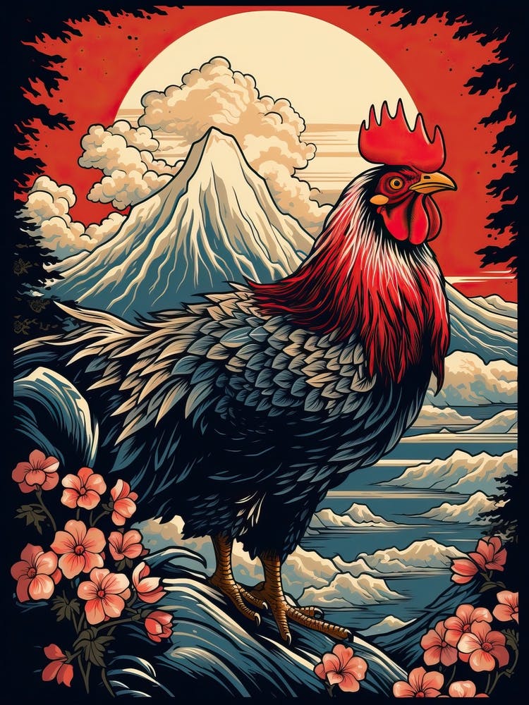 Rooster Animal Drawing In The Style Of Ukiyo E 1