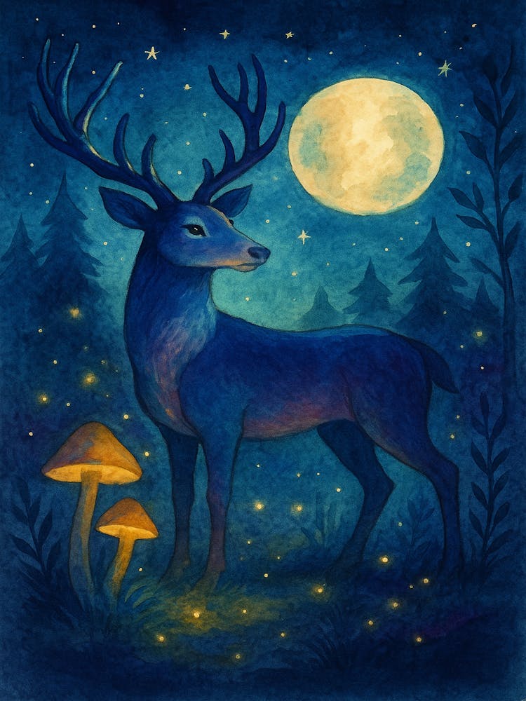 Mystical Deer Forest – Watercolor Woodland Animal Wall Decor – Moonlit Nature Nursery Poster
