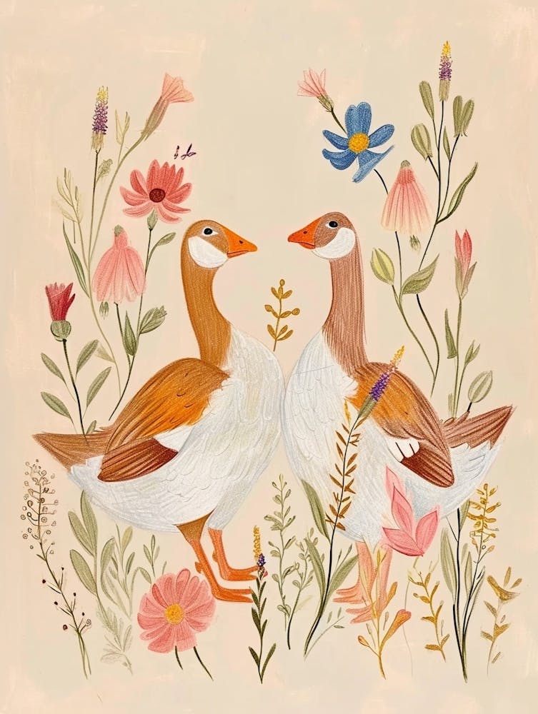 Folksy Floral Animal Drawing Goose 3