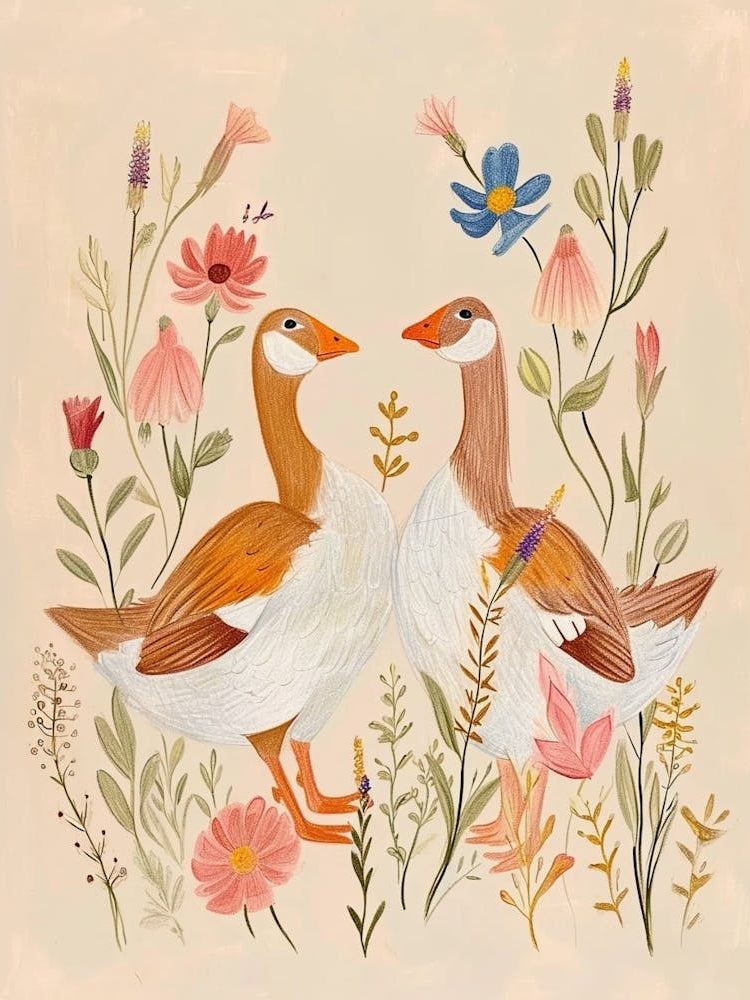 Folksy Floral Animal Drawing Goose 3