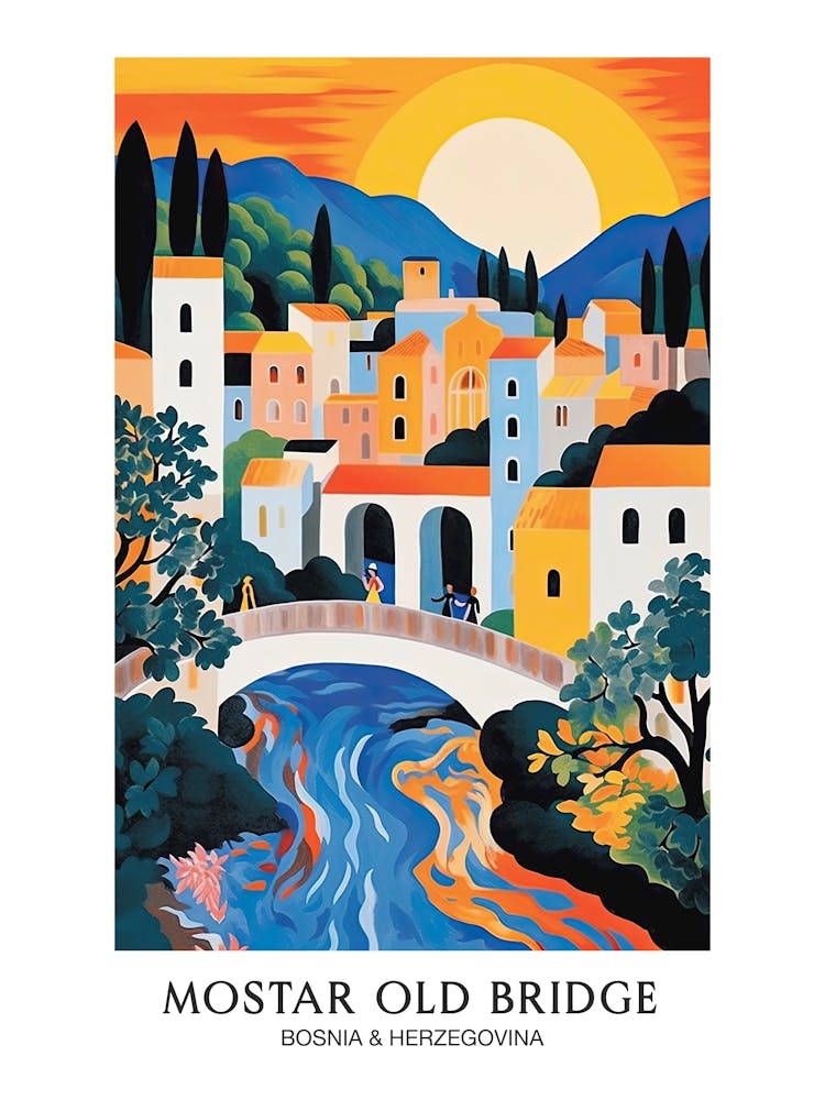 Mostar Old Bridge, Bosnia & Herzegovina Colourful 3 Travel Poster