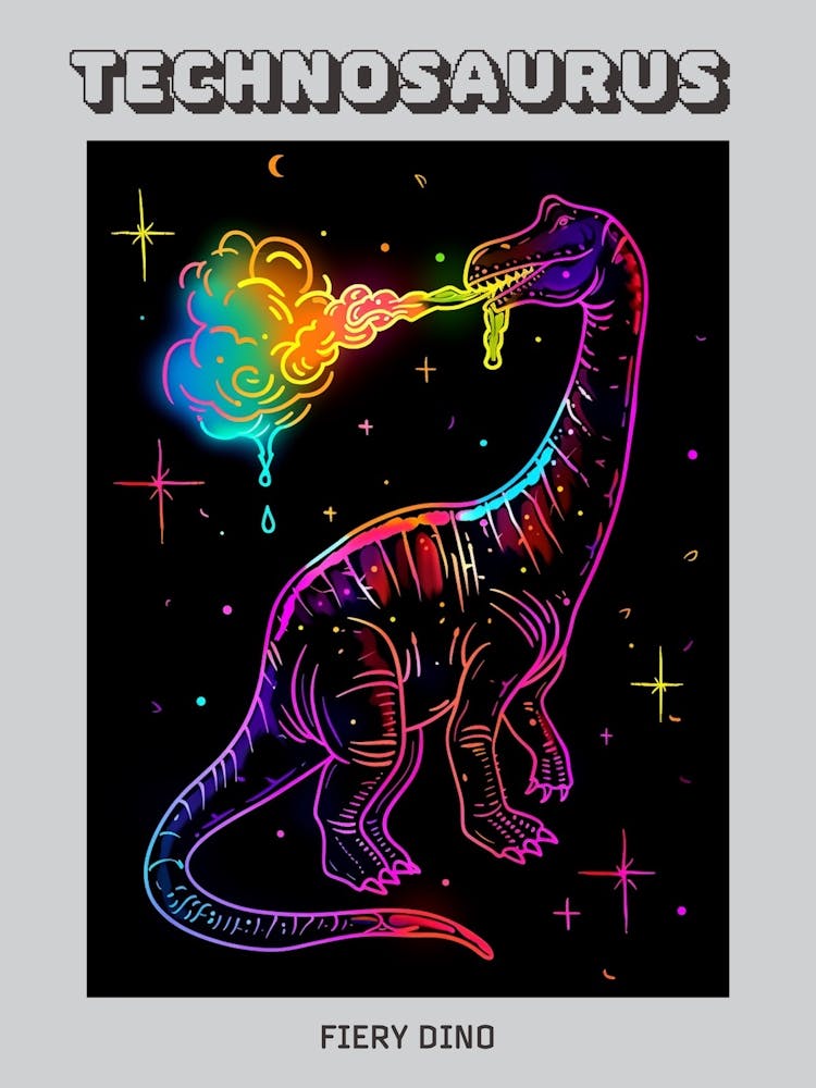 Neon Dinosaur Breathing Rainbow Fire Poster