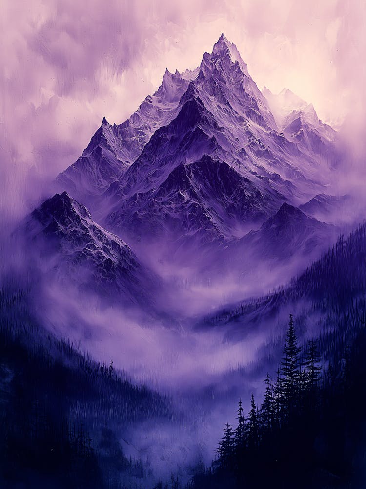 Purple Mountain Canvas Print, Monochrome, Charcoal Art
