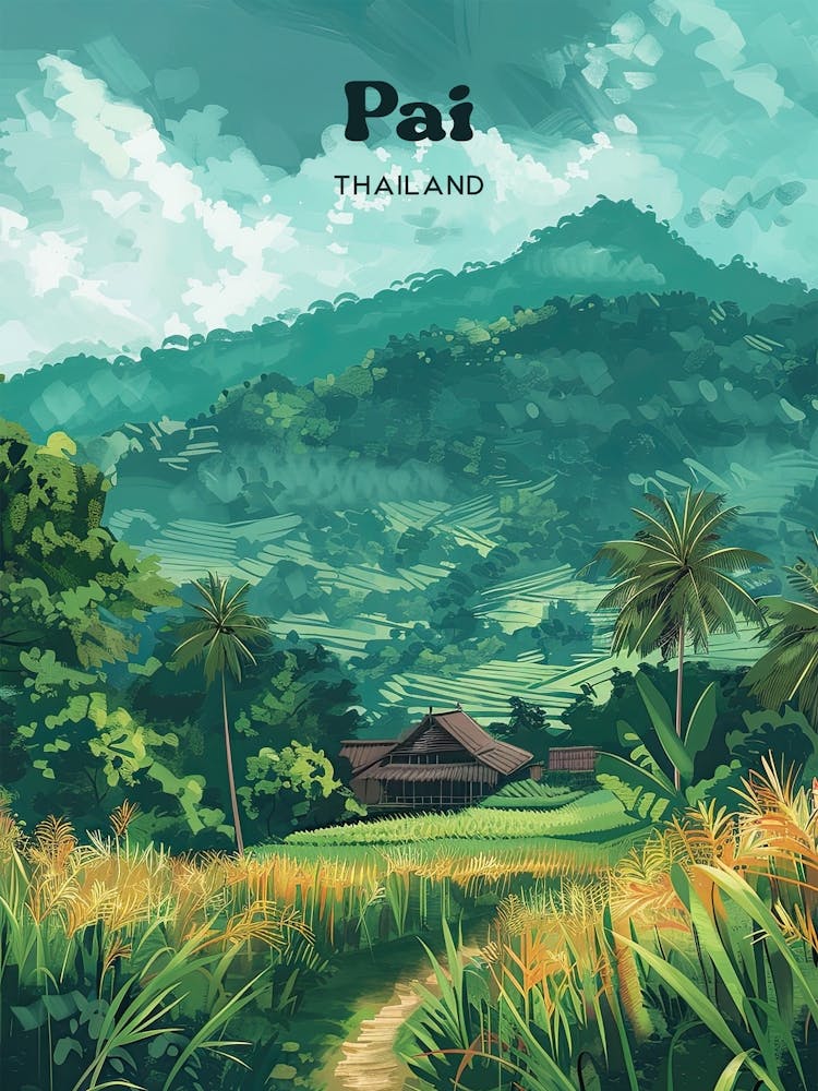Pai Thailand Lush Greenery Digital Travel Illustration