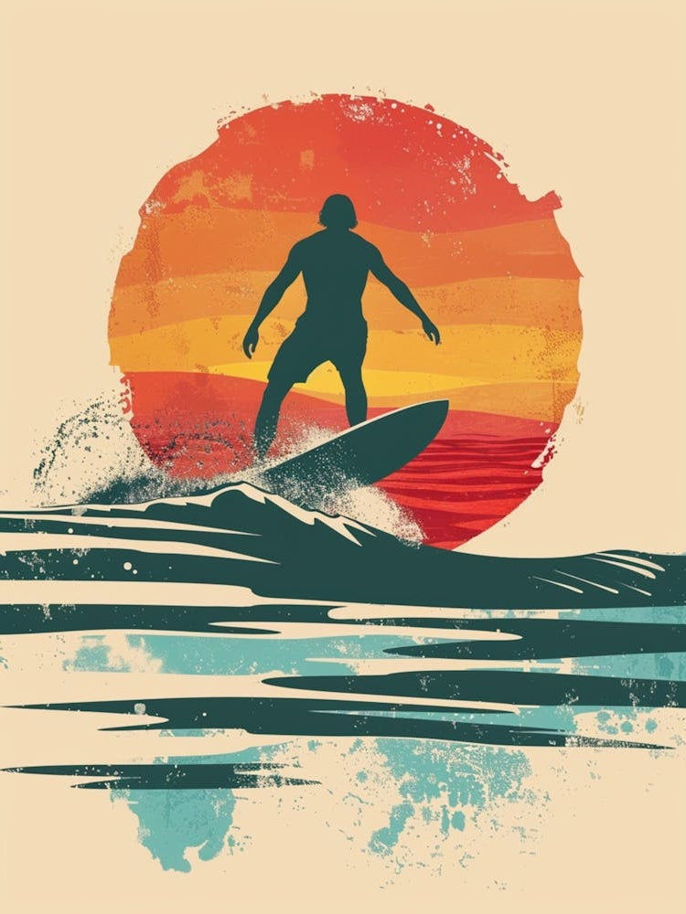Minimalist Surfing T Shirt Design, Retro Colours