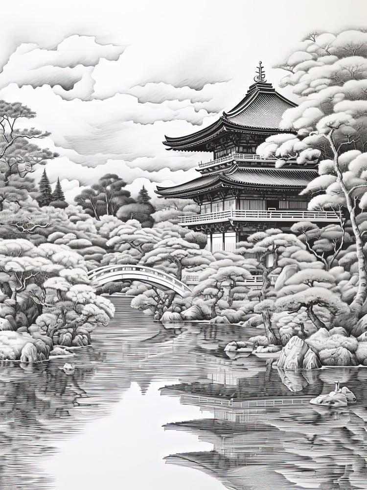 Kinkaku Ji (Golden Pavilion) In Kyoto, Ukiyo E Black And White Line Art Drawing 4