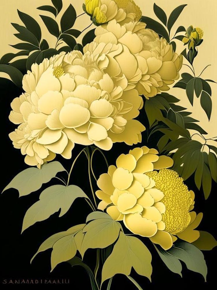 Sarah Bernhardt Peonies Yellow Vintage Sketch