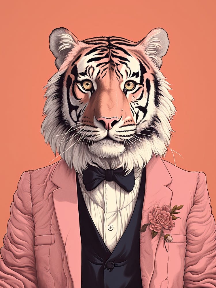 Tiger Illustrations Wearing A Tuxedo With Flowers