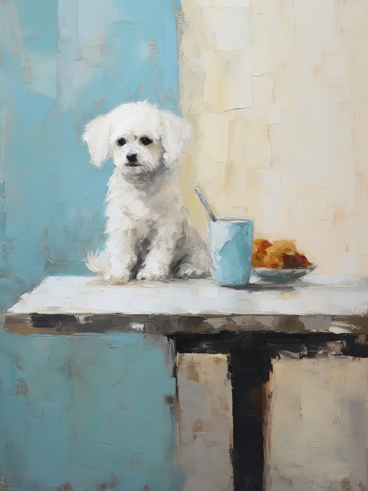 Bichon Frise Hund, Gemälde in hellem Petrol und Braun 2