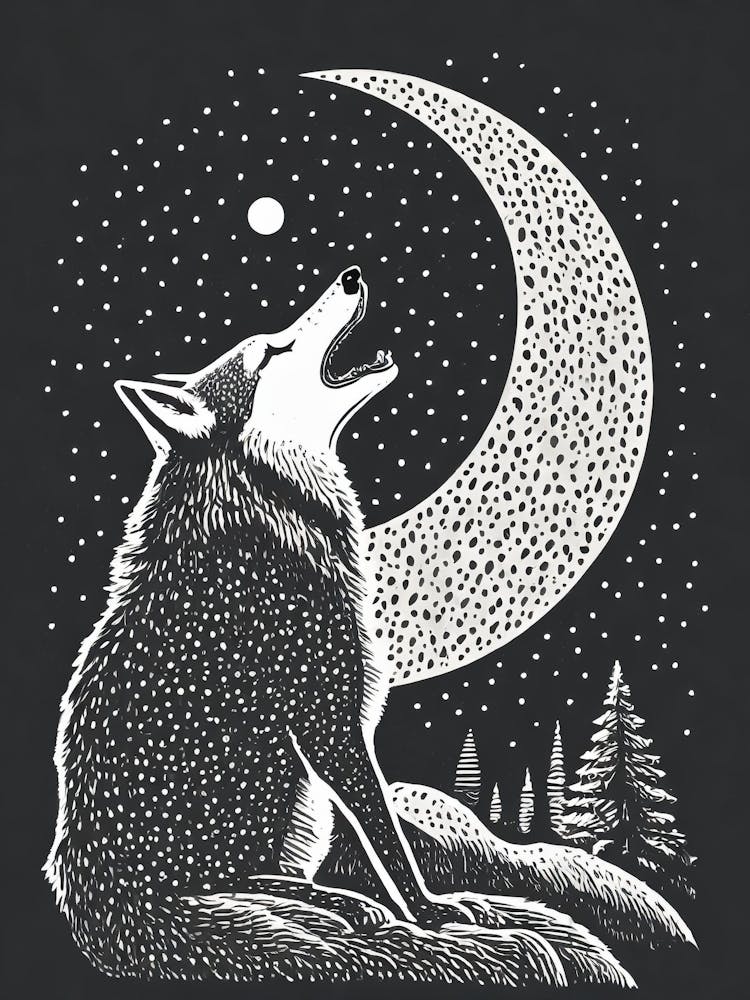 Ein Wolf heult einen Halbmond an