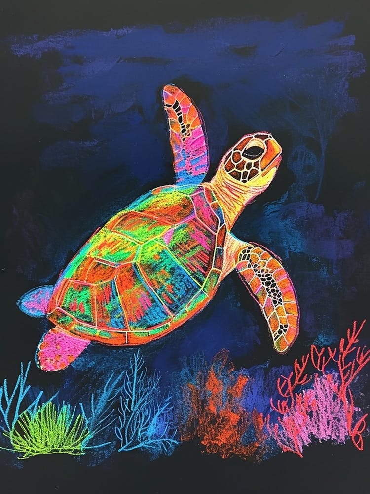 Neon Sea Turtle In The Sea At Night 4
