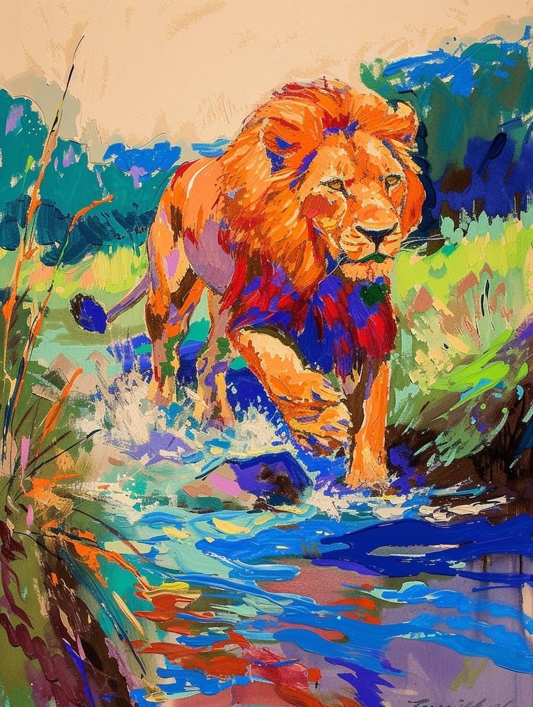 Transvaal Lion Crossing A River Fauvist Painting 4