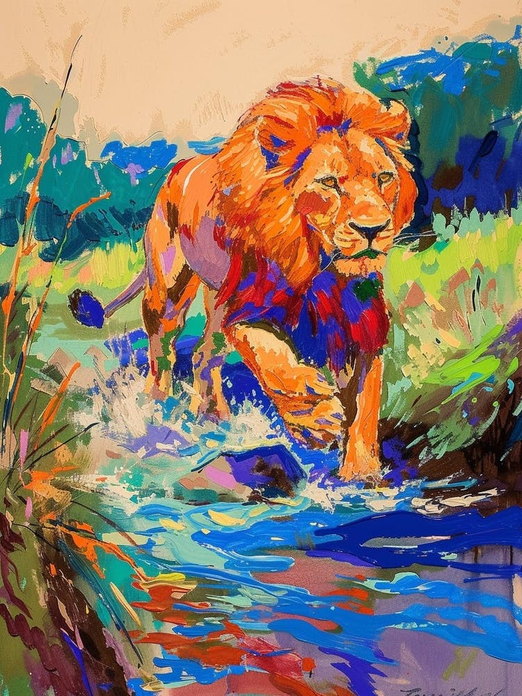 Transvaal Lion Crossing A River Fauvist Painting 4