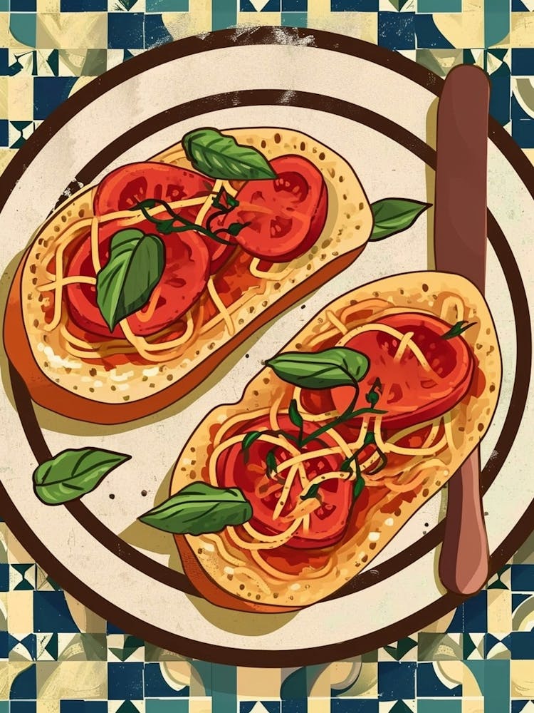 Bruscetta, Tomato & Basil On A Tiled Background 2