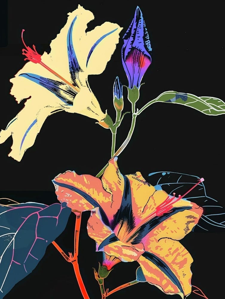 Neon Flowers On Black Morning Glory 1