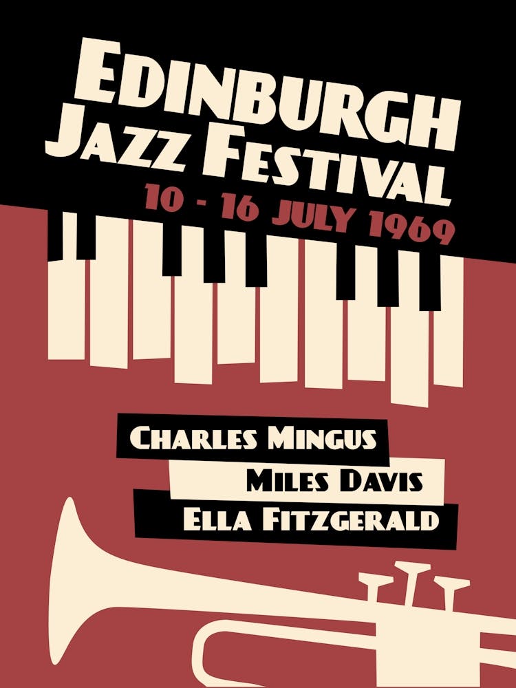 Vintage Jazz Festival Poster Edinburgh-Druck Mid-Century Modern Wandkunst Miles Davis Ella Fitzgerald Retro Küche Jazzliebhaber-Geschenk