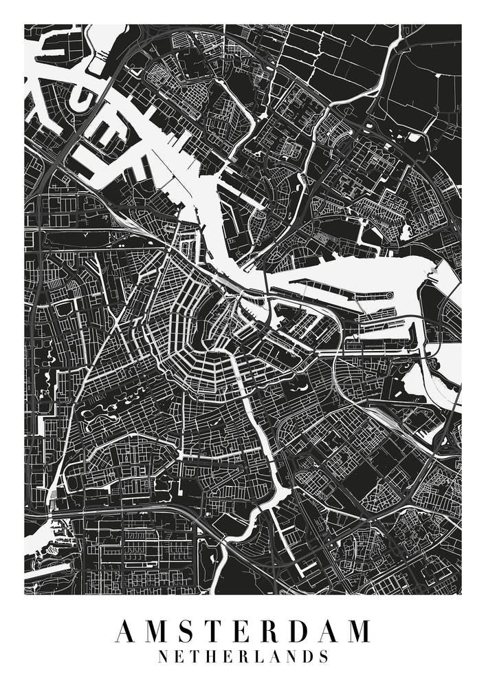 Amsterdam Netherlands Minimal Black Mono Street Map