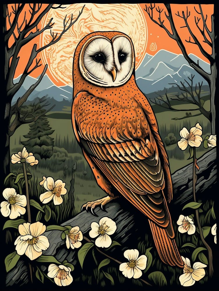 Vintage Bird Linocut Barn Owl 3