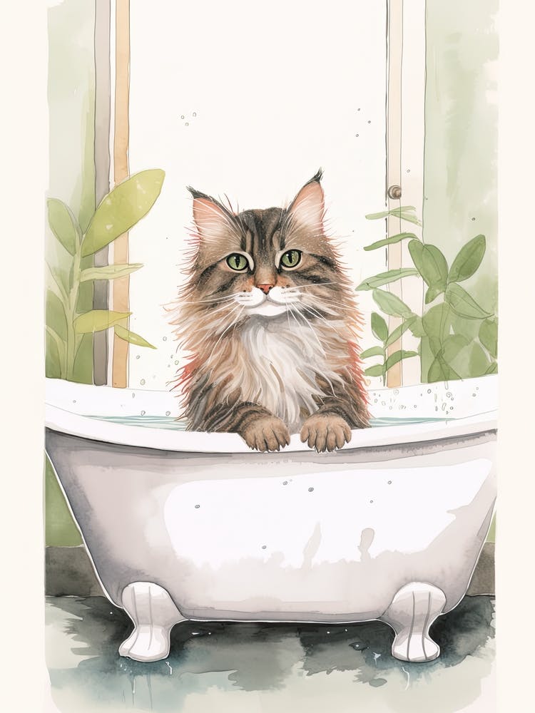 Norwegian Forest Cat In Bathtub Botanical Bathroom 1