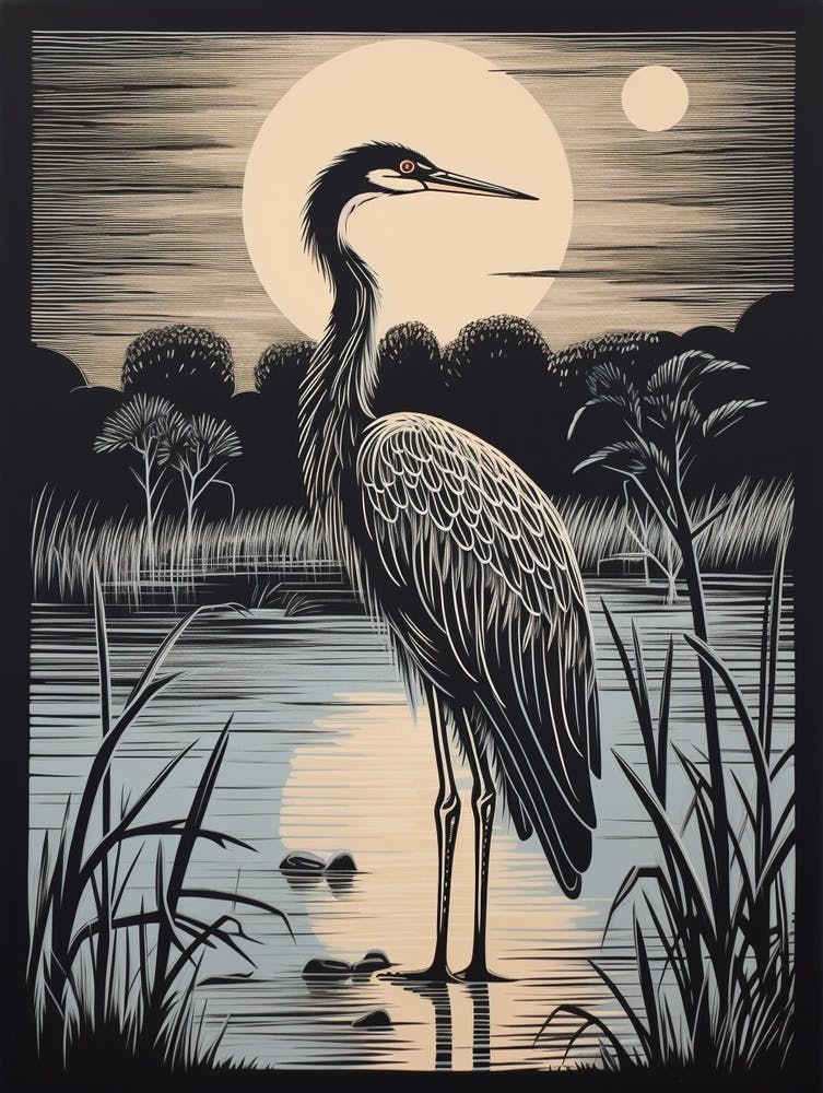 Vintage Bird Linocut Great Blue Heron 2