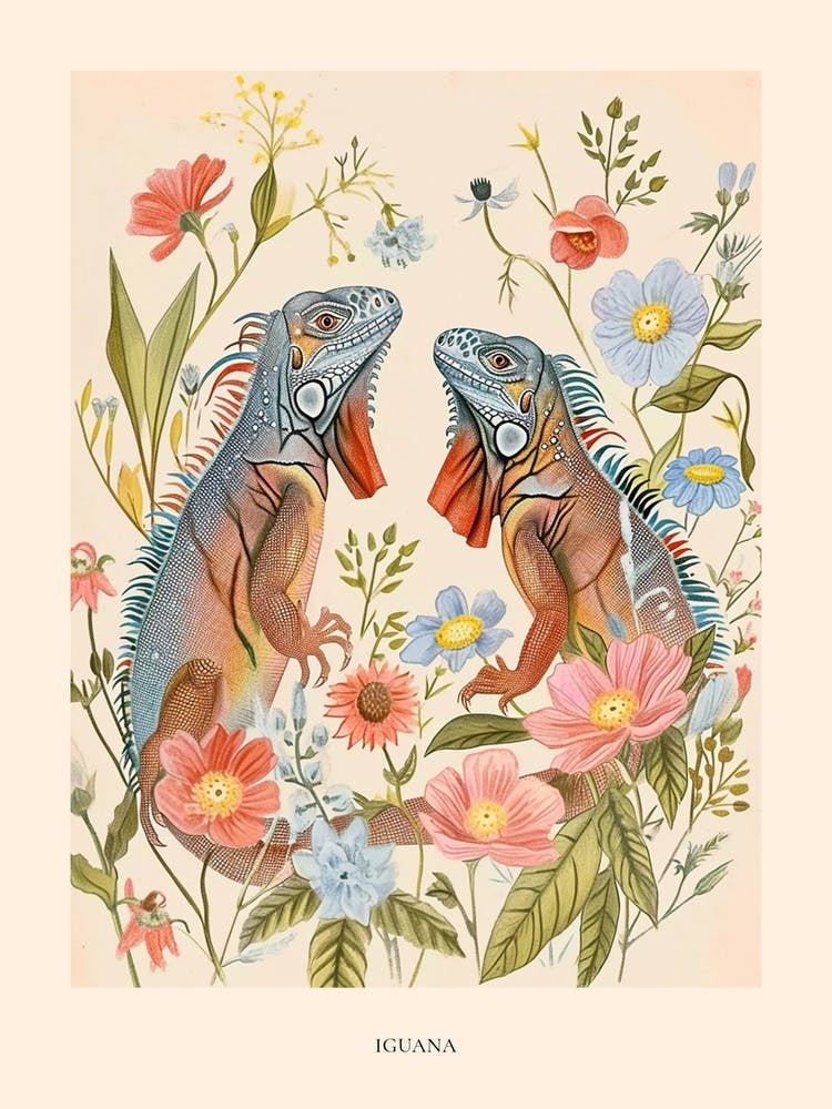 Folksy Floral Animal Drawing Iguana 1 Poster