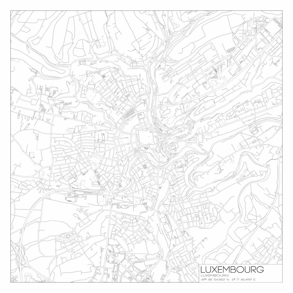 Luxembourg, Luxembourg, City Map Black On White Blueprint Design