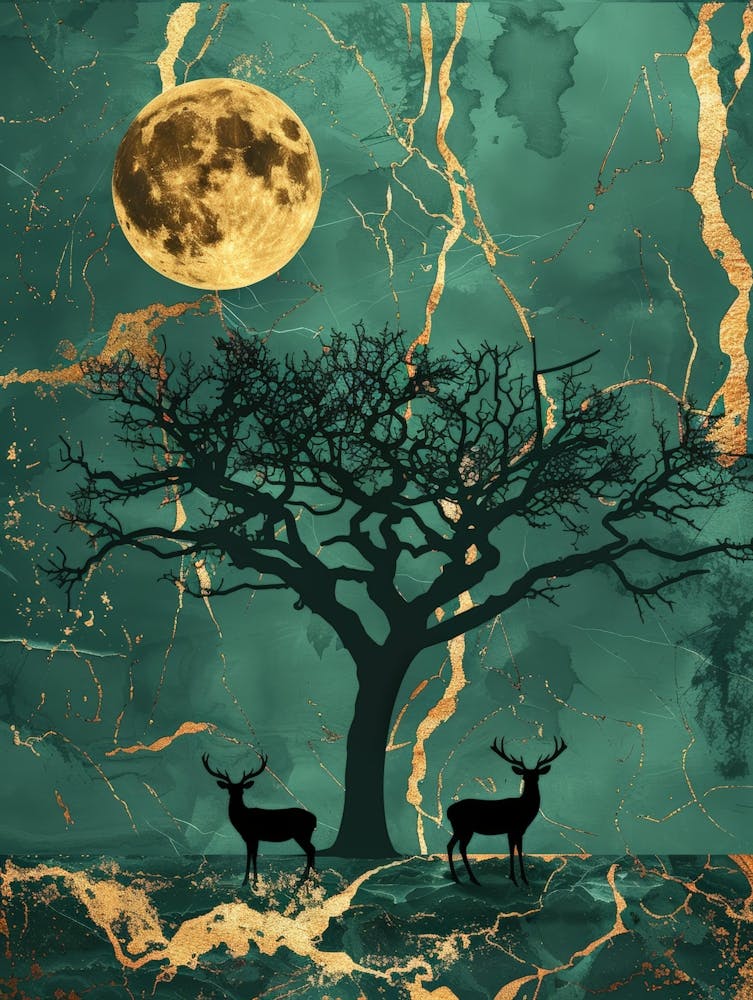 Deer And Tree In The Moonlight