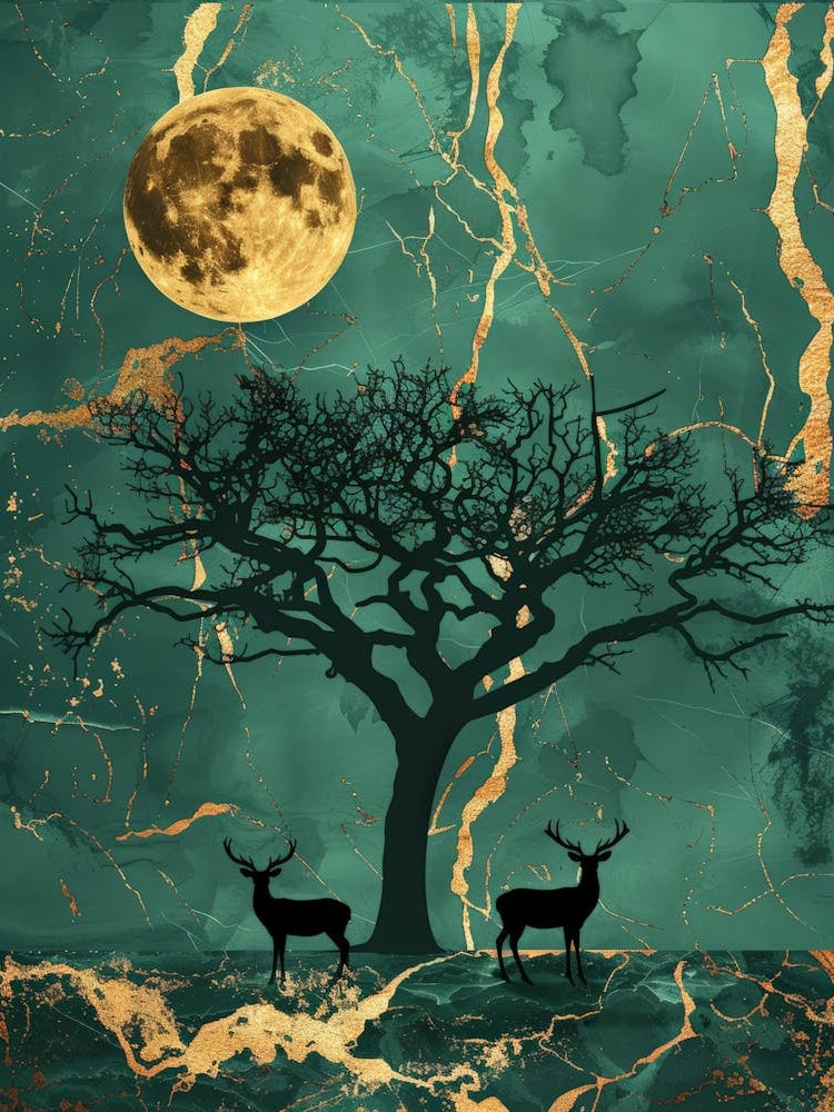 Deer And Tree In The Moonlight