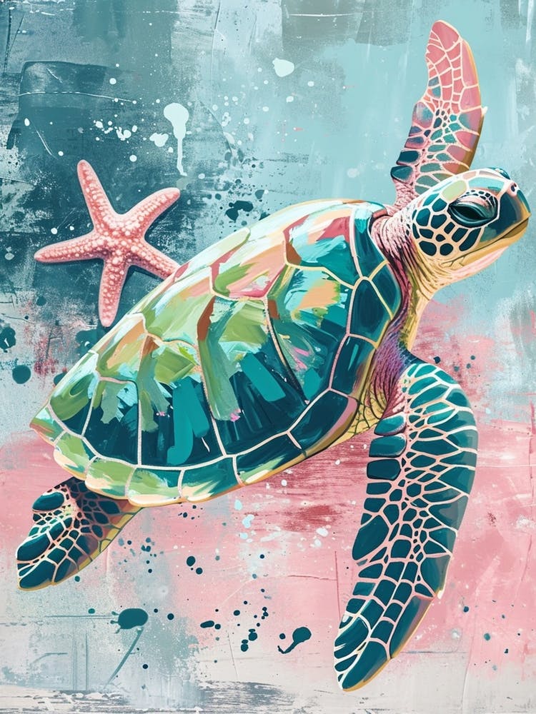 Sea Turtle With A Star Fish Pastel 2