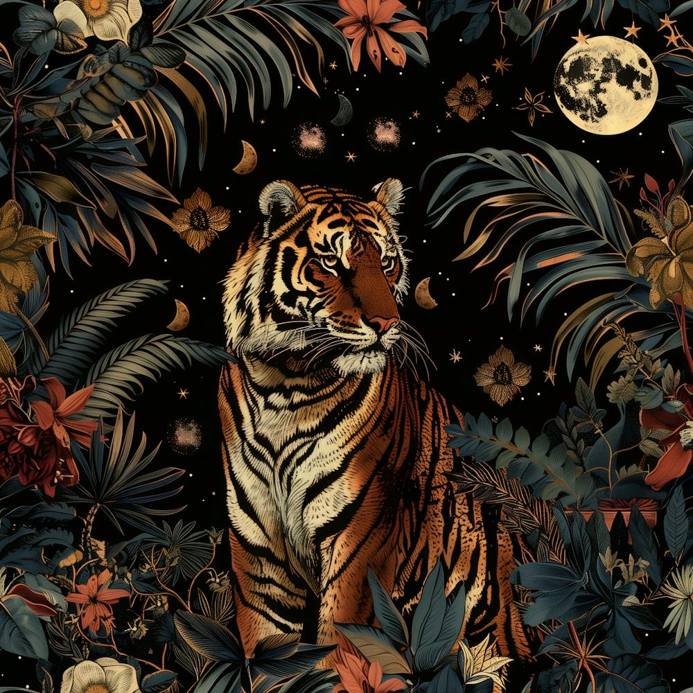 Dark Academia Night Forest Beautiful Tiger in a Magical Moonlight Dark Jungle