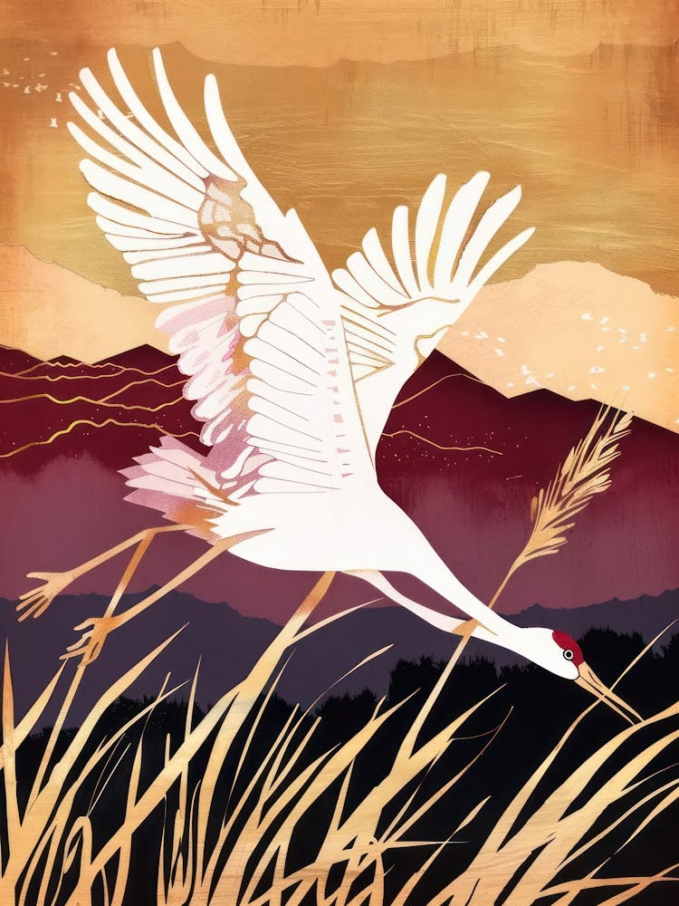 Cranes Painting Gold Red Effect Collage 4