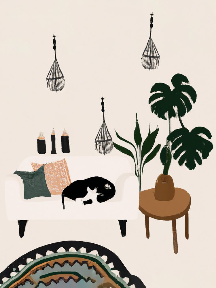 Boho Living Room With A Mostera And A Cat Copy