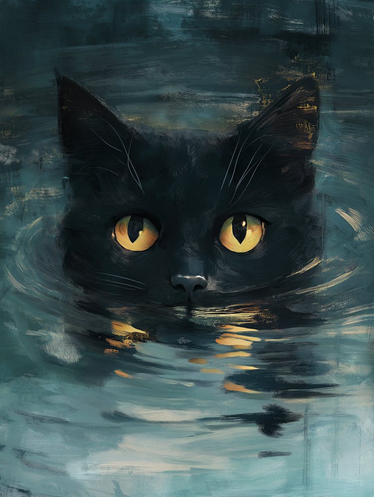 Black Cat Swimming In The Water
