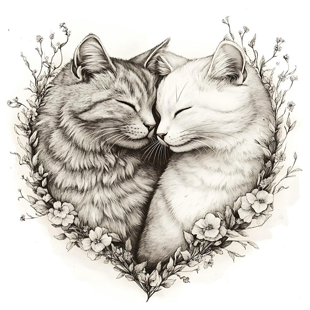 Delicate Ink Drawing of Cats Love Heart 10