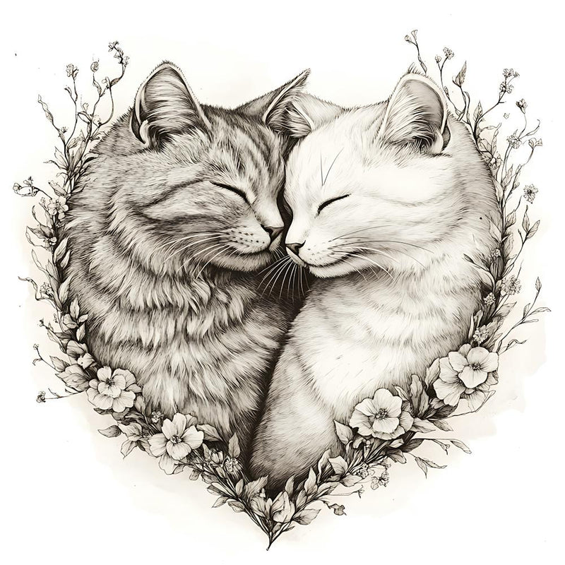 Delicate Ink Drawing of Cats Love Heart 10