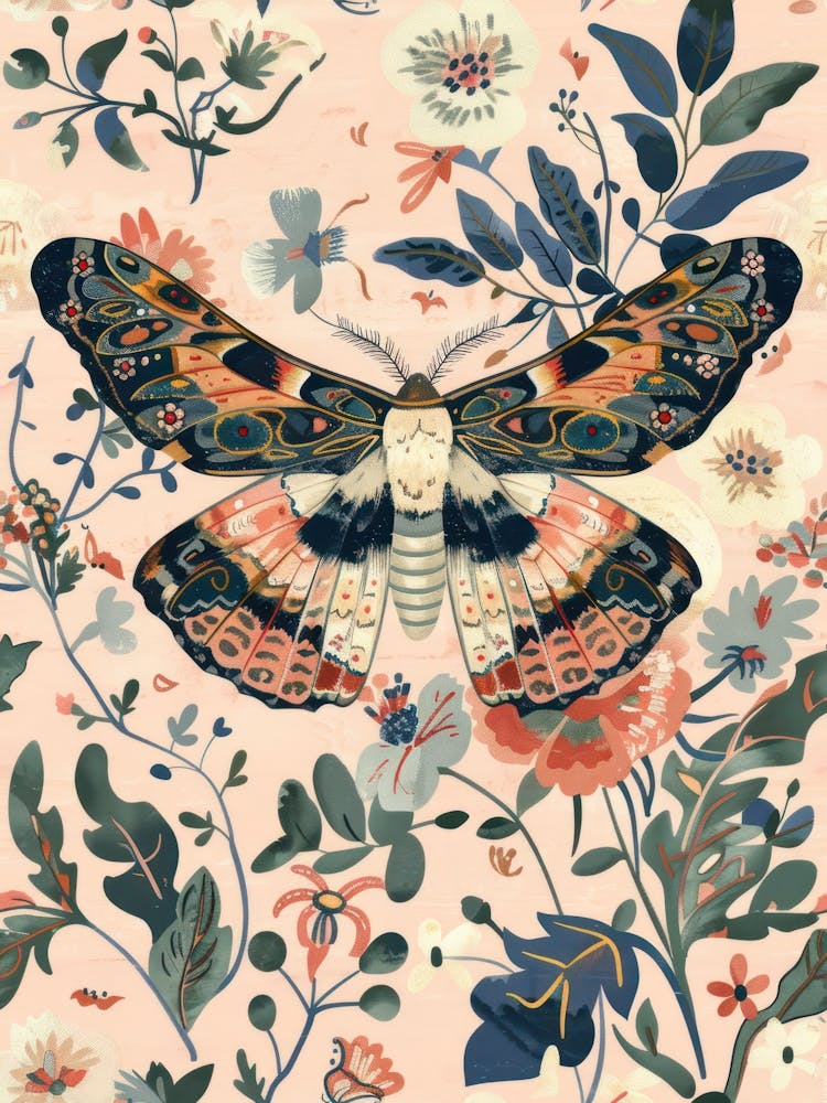 Pink Botanical Butterflies William Morris Style 1