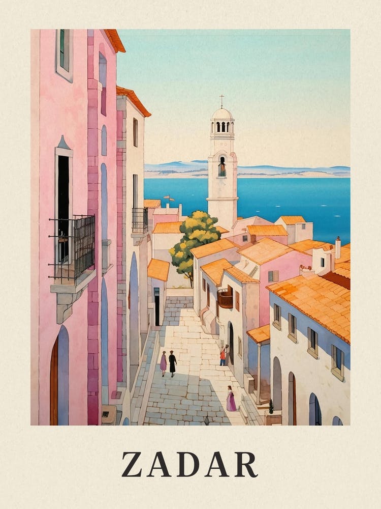 Zadar Croatia 2 Vintage Pink Travel Illustration Poster