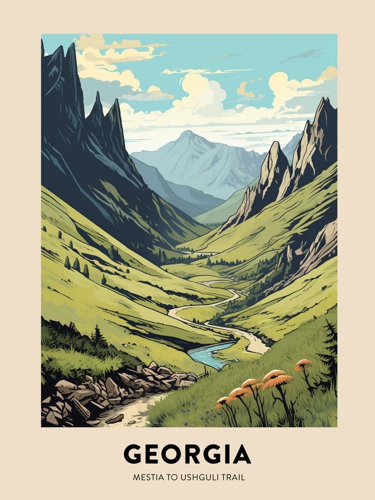 Mestia To Ushguli Trail Georgia 2 Vintage Hiking Travel Poster