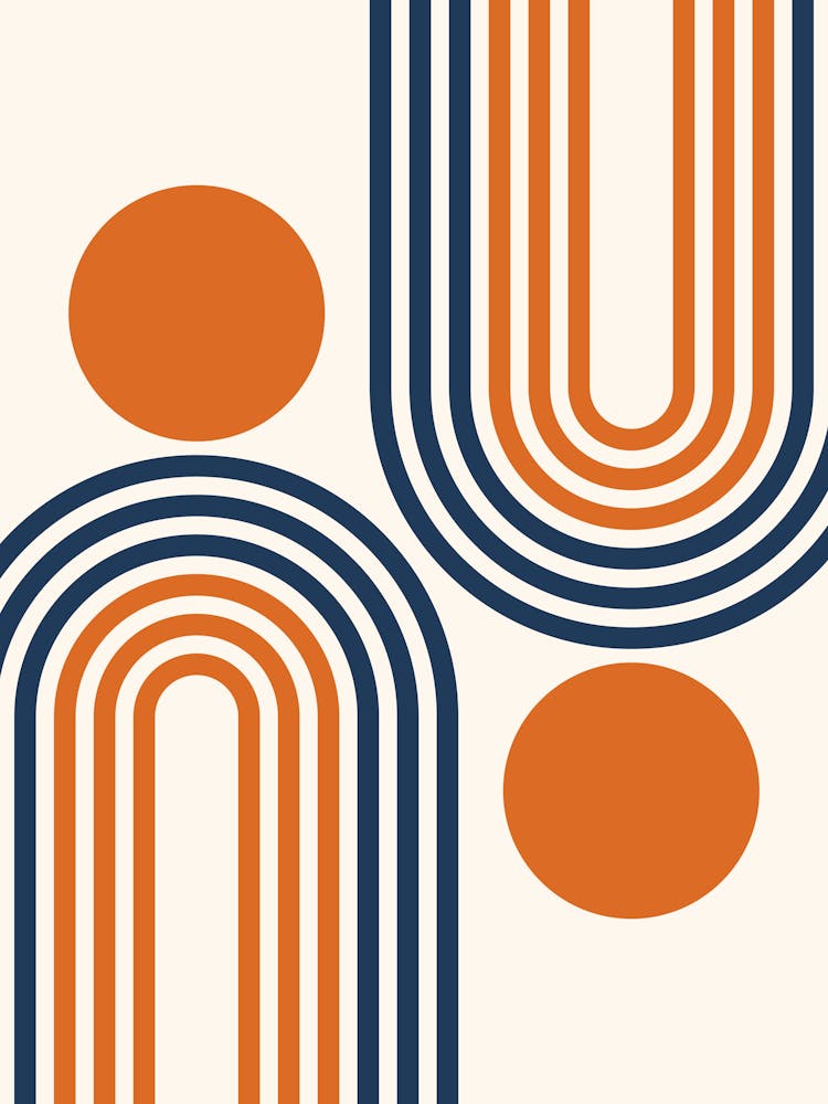 Mid Century Modern Geometric Rainbow And Sun Abstract A7 In Navy Blue Burnt Orange 01