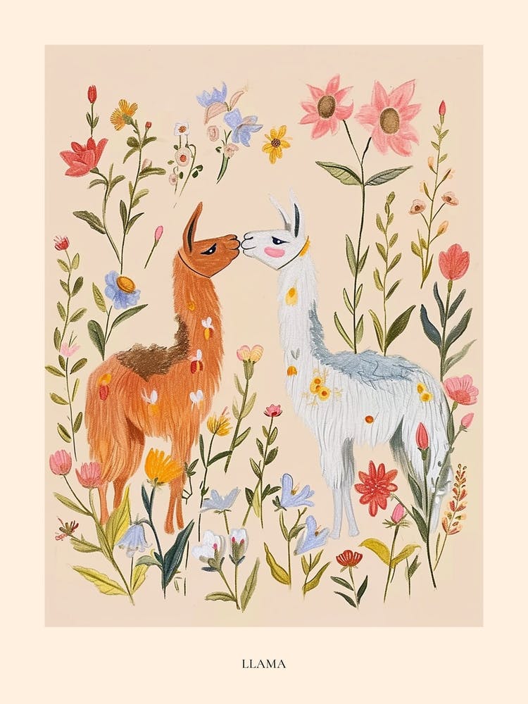 Folkloristische florale Tierzeichnung Lama 3 Poster