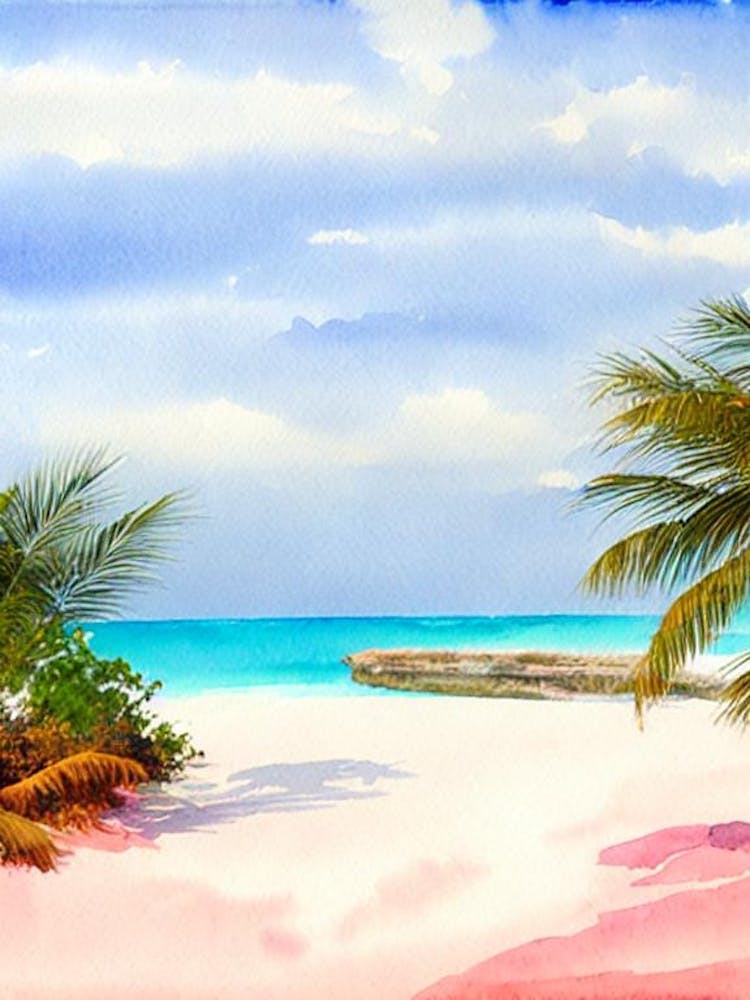 Pink Sands Beach, Bahamas Watercolour