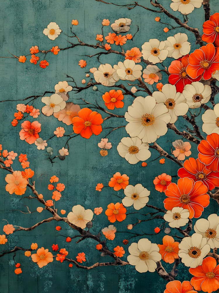 Vintage Botanical Flowers - Blue Background Print