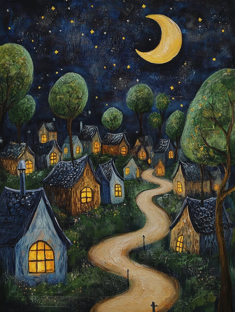Village At Night With Stars and Moon In The Sky 8