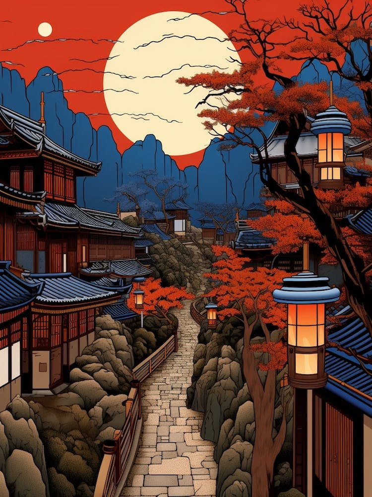 Kusatsu Onsen, Japan Vintage Travel Art 1