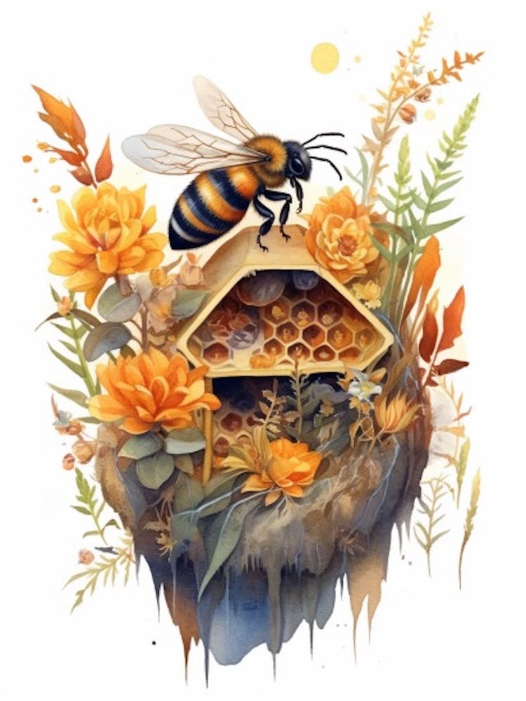Orange Banded Bee Beehive Watercolour Illustration 3